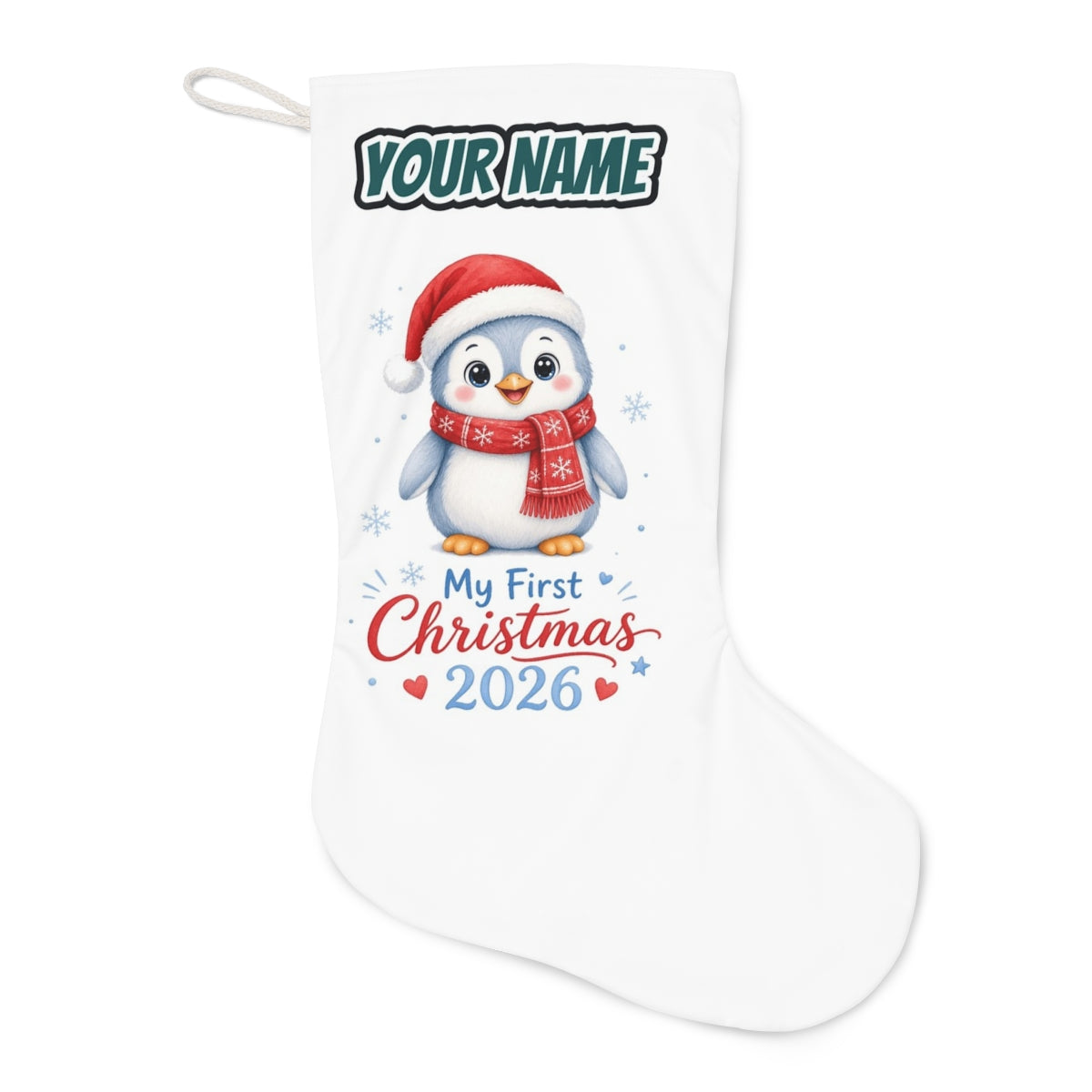 Penguin First Christmas 2026 Christmas stocking laid flat, showing the full print