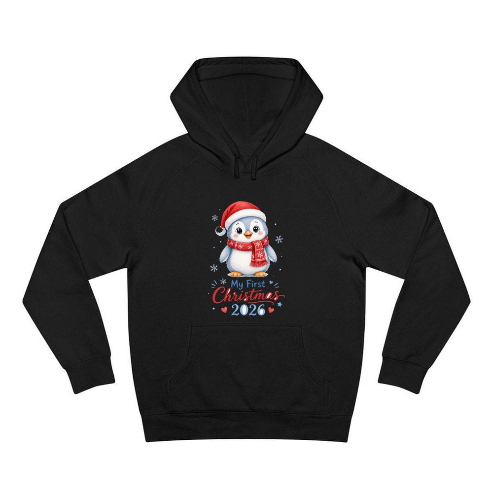 Penguin First Christmas 2026 personalised Christmas hoodie in black