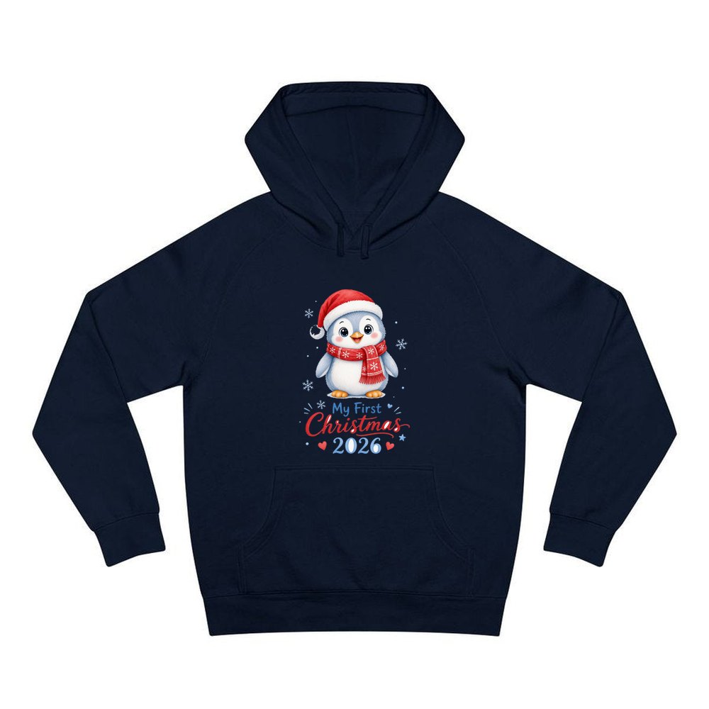 Penguin First Christmas 2026 personalised Christmas hoodie in navy
