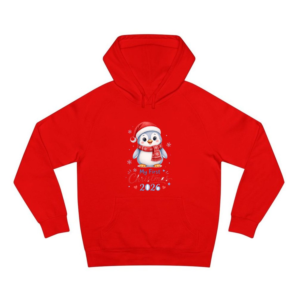 Penguin First Christmas 2026 personalised Christmas hoodie in red