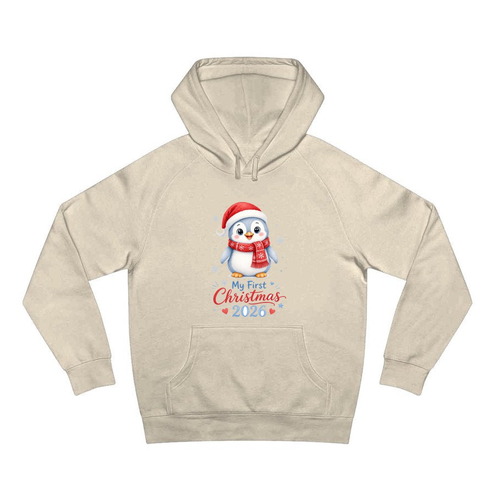 Penguin First Christmas 2026 personalised Christmas hoodie in sand
