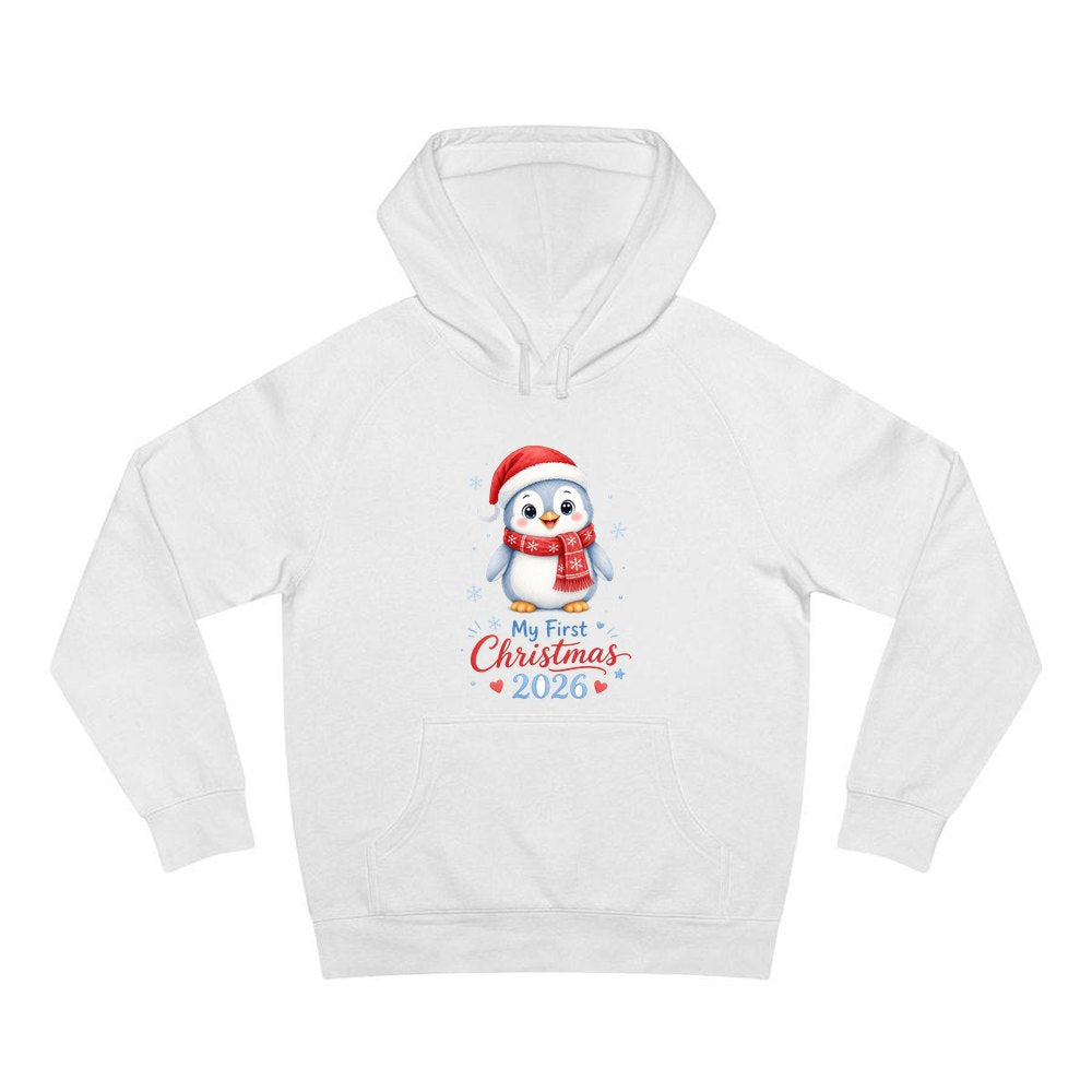 Penguin First Christmas 2026 personalised Christmas hoodie in white