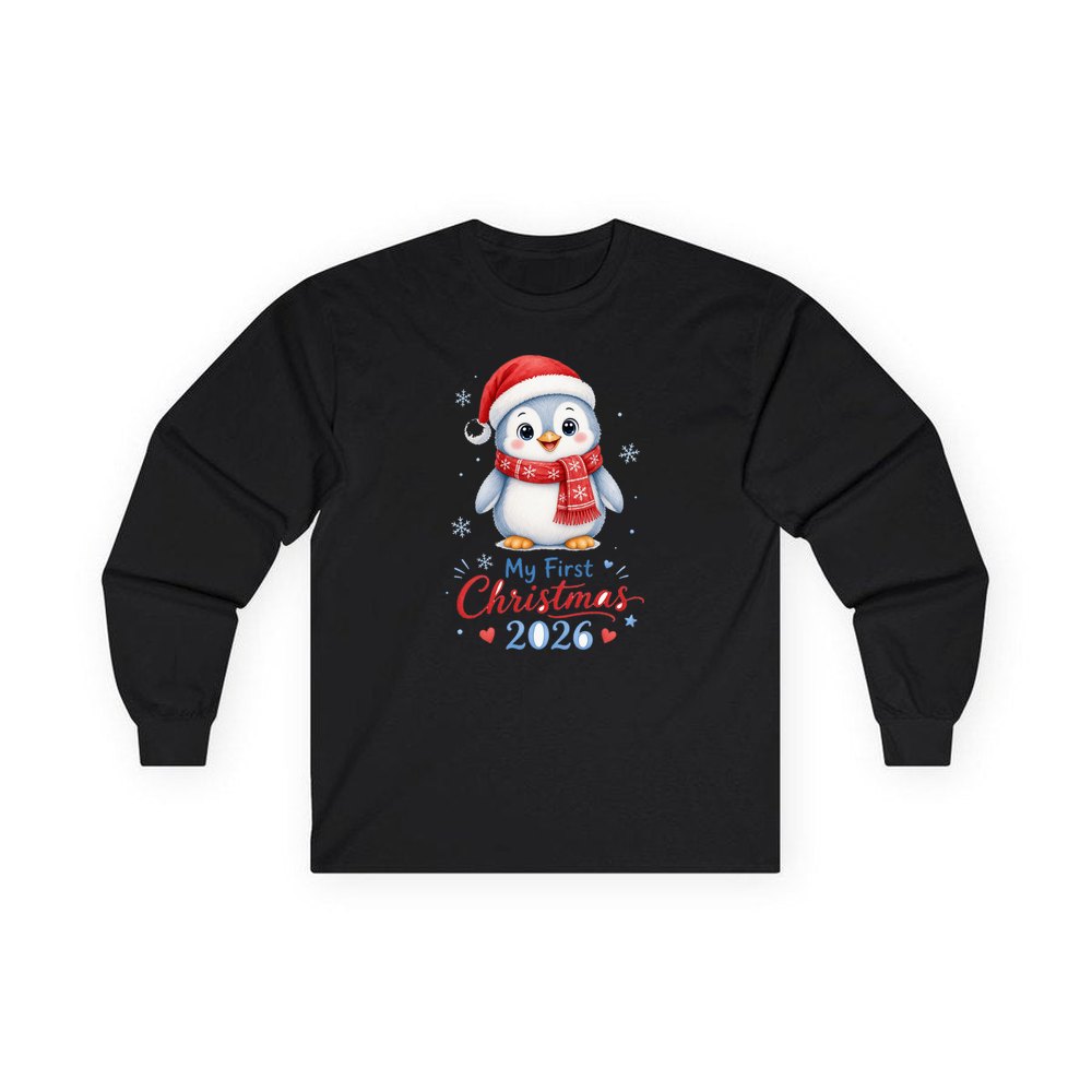 Penguin First Christmas 2026 personalised long sleeve Christmas T-shirt in black