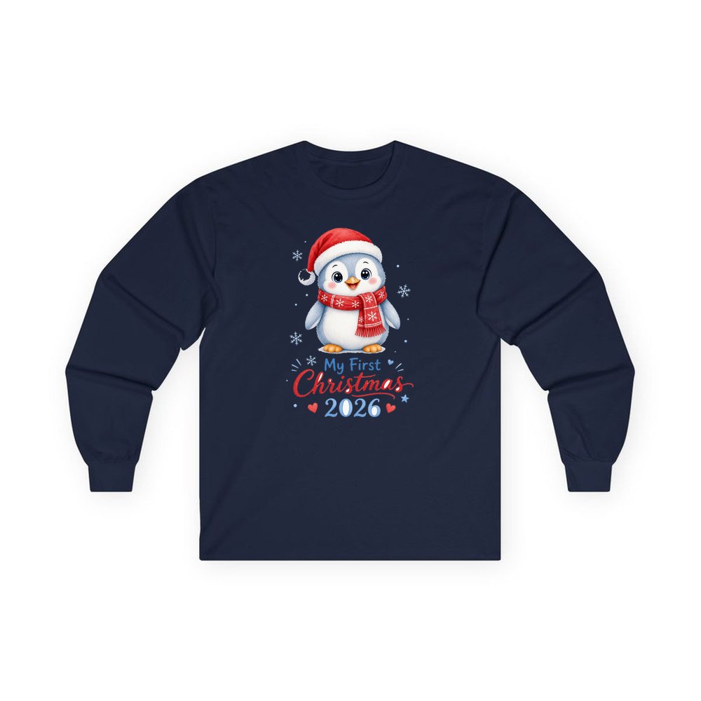 Penguin First Christmas 2026 personalised long sleeve Christmas T-shirt in navy