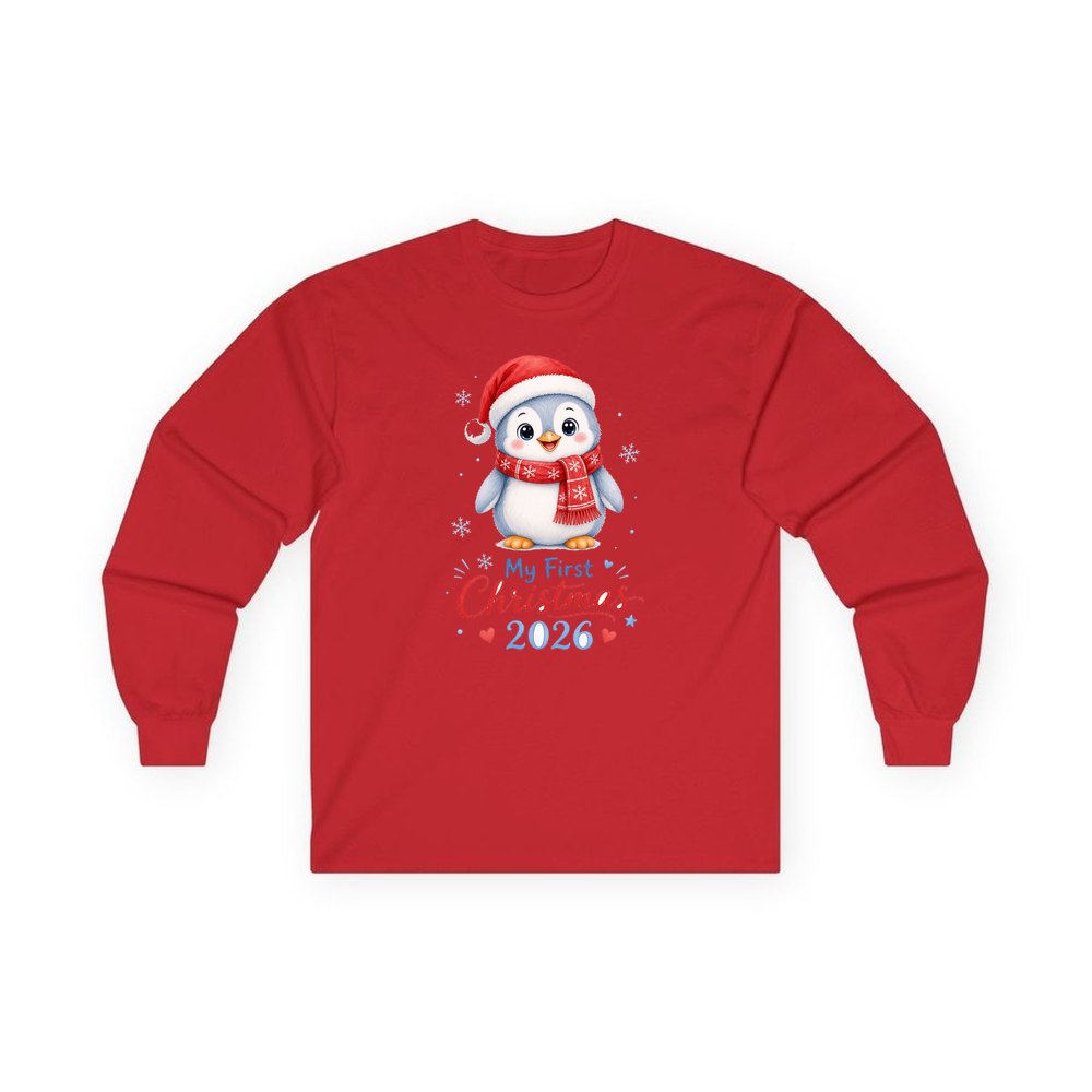 Penguin First Christmas 2026 personalised long sleeve Christmas T-shirt in red