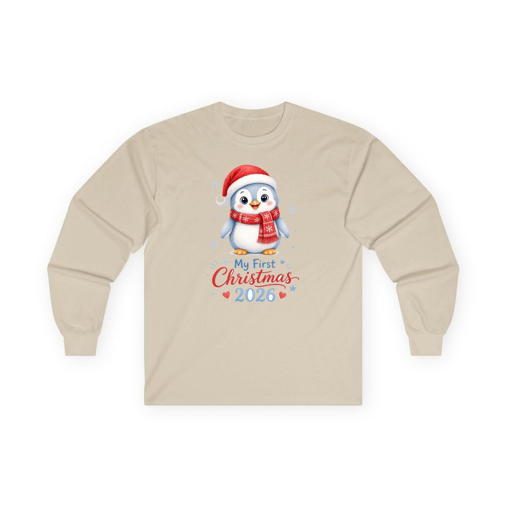 Penguin First Christmas 2026 personalised long sleeve Christmas T-shirt in sand