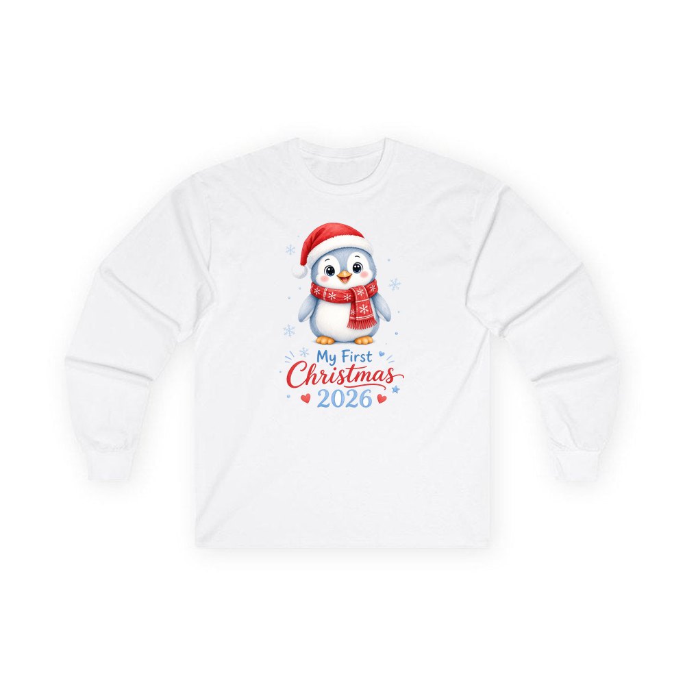 Penguin First Christmas 2026 personalised long sleeve Christmas T-shirt in white