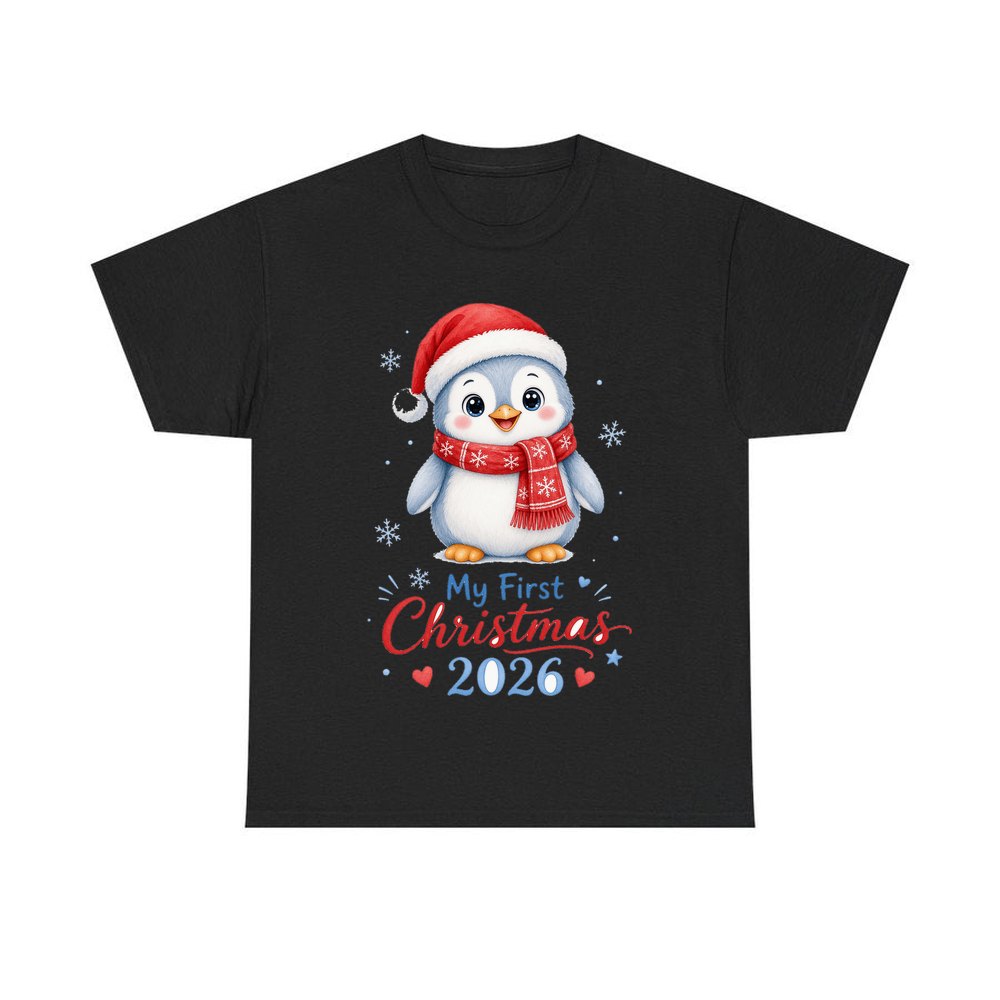 Penguin First Christmas 2026 personalised Christmas T-shirt in black