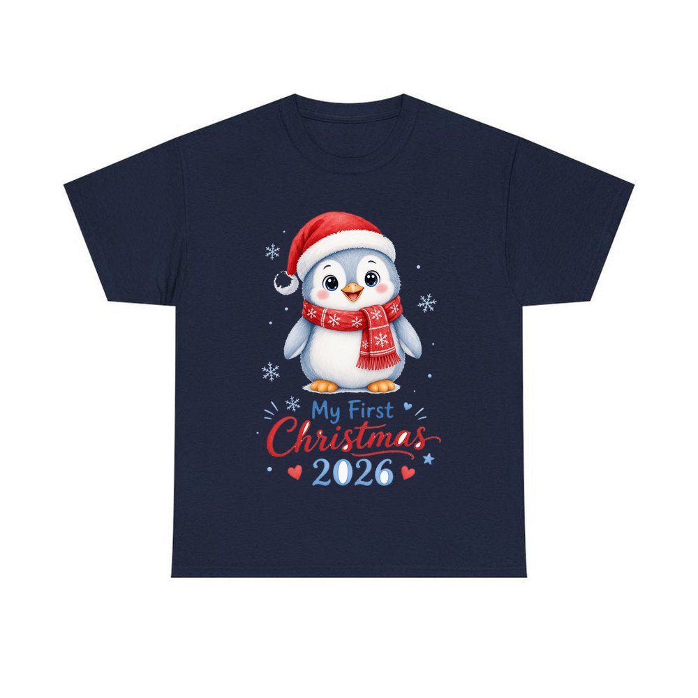 Penguin First Christmas 2026 personalised Christmas T-shirt in navy