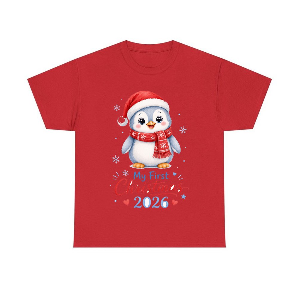 Penguin First Christmas 2026 personalised Christmas T-shirt in red