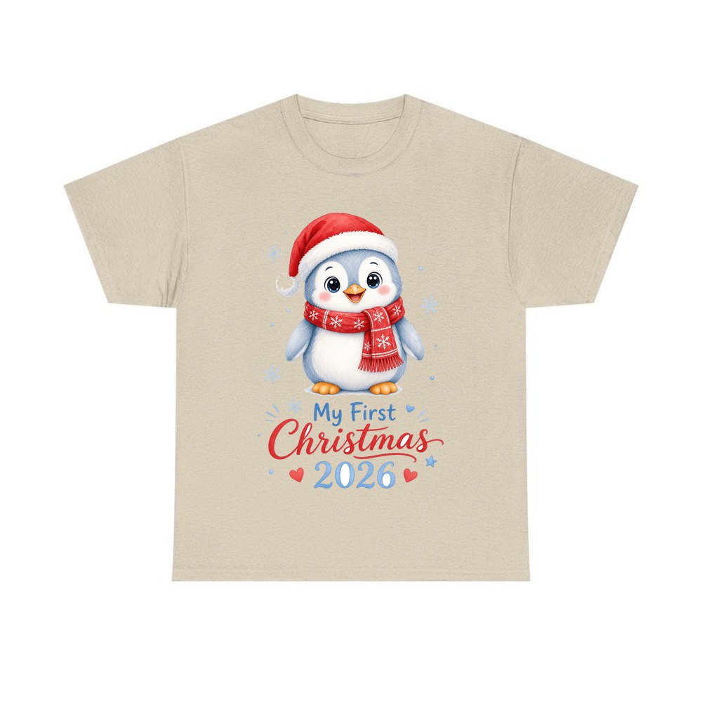 Penguin First Christmas 2026 personalised Christmas T-shirt in sand