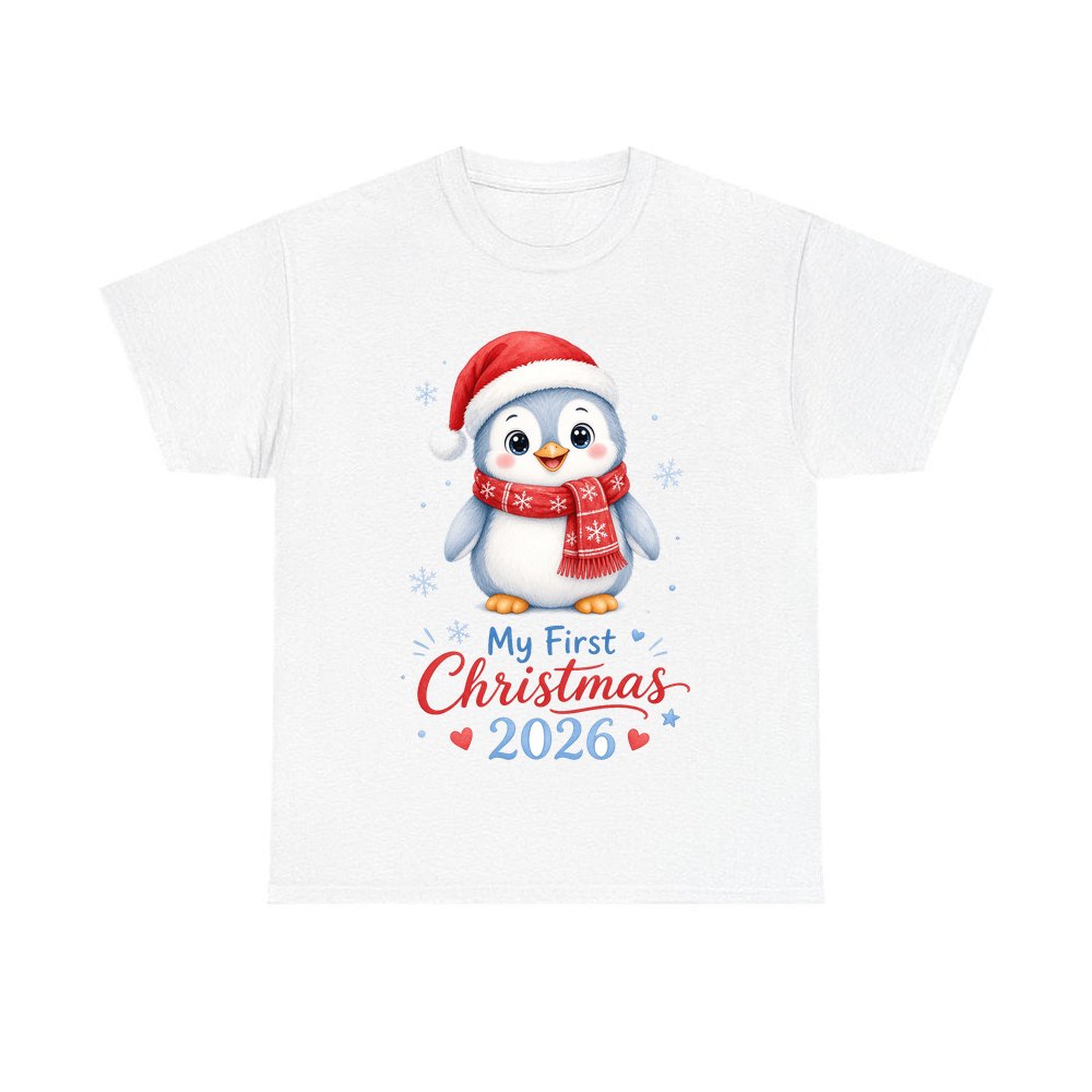 Penguin First Christmas 2026 personalised Christmas T-shirt in white
