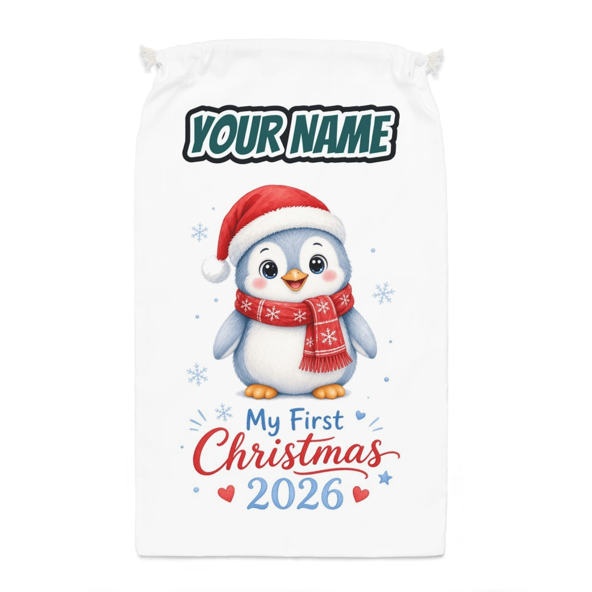 Penguin First Christmas 2026 Santa sack laid flat, showing the full print