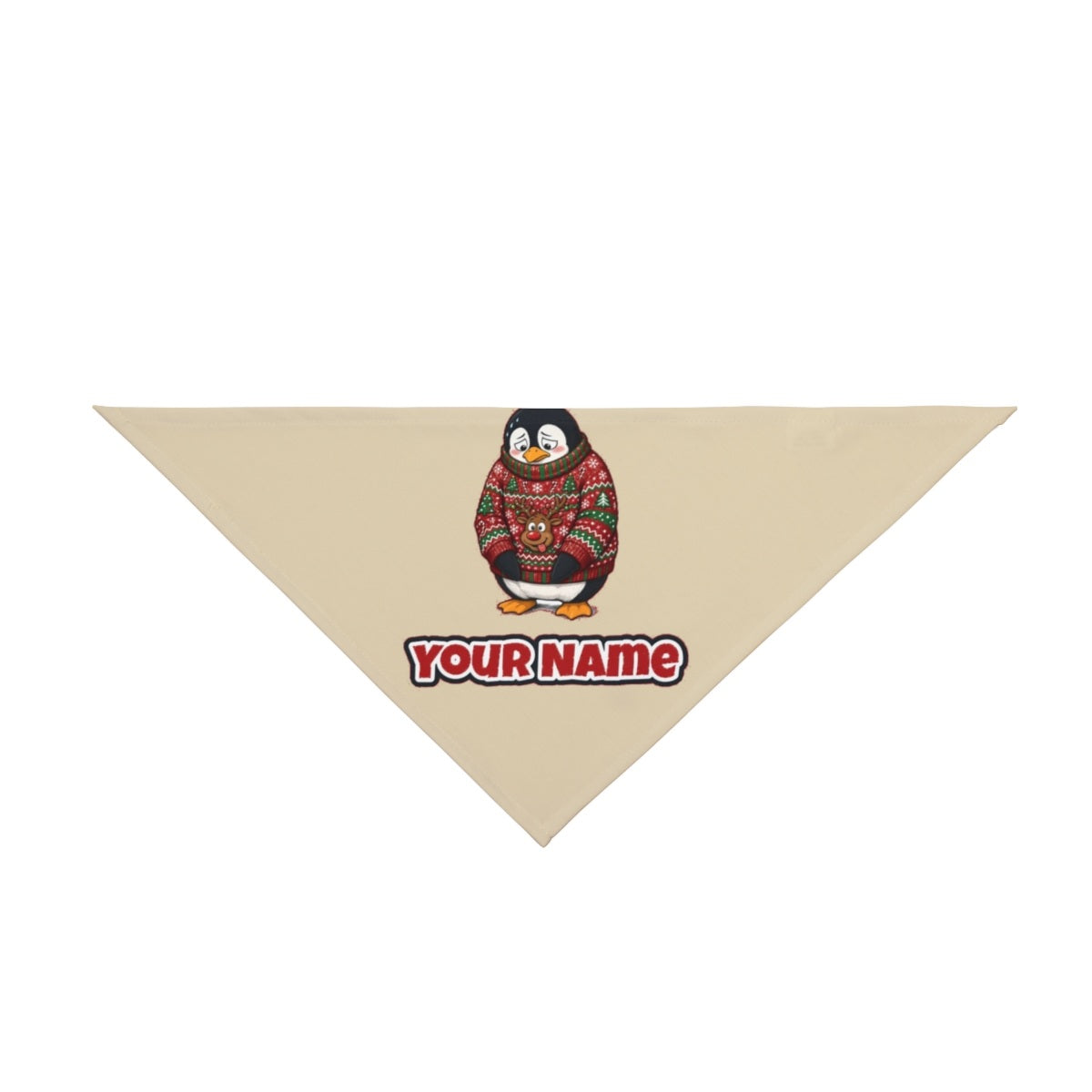 Penguin in a Bad Jumper personalised Christmas pet bandana in beige, tie-on style