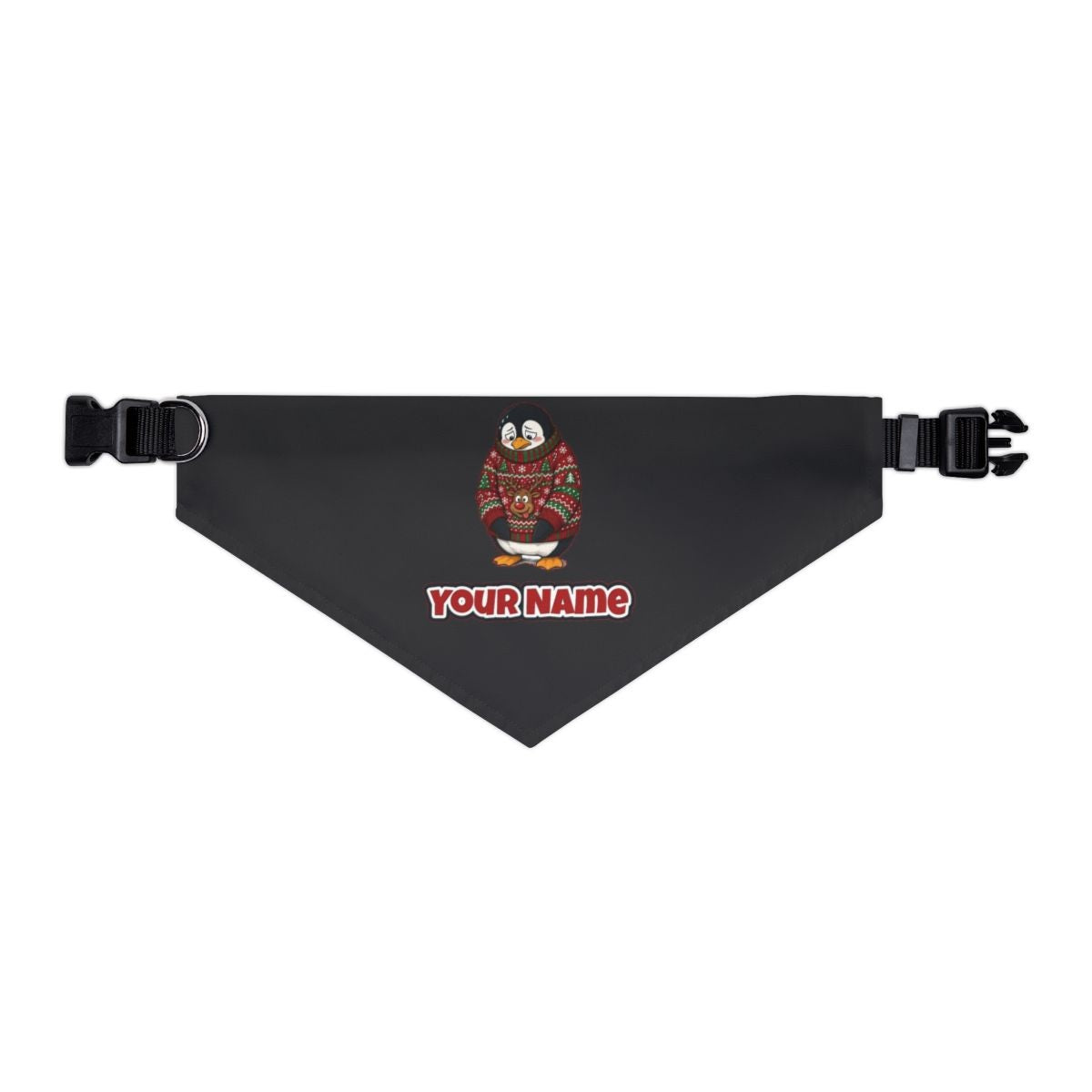 Penguin in a Bad Jumper personalised Christmas pet bandana in black, collar with buckle