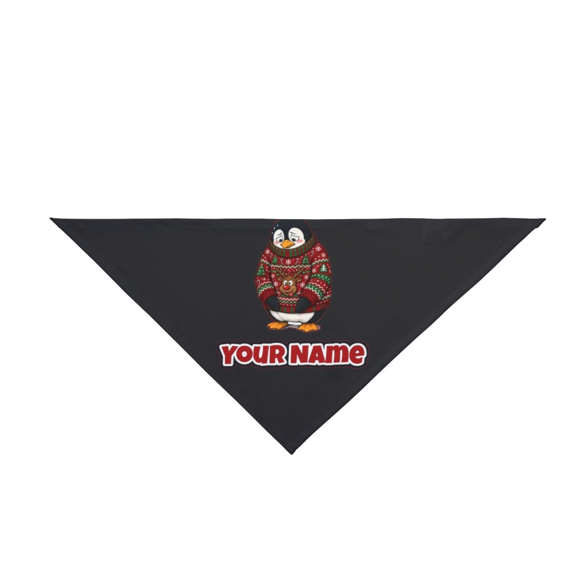 Penguin in a Bad Jumper personalised Christmas pet bandana in black, tie-on style