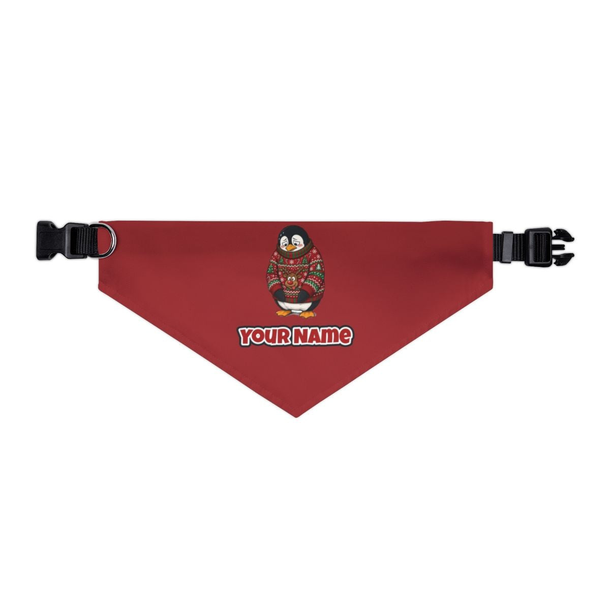 Penguin in a Bad Jumper personalised Christmas pet bandana in red, collar with buckle