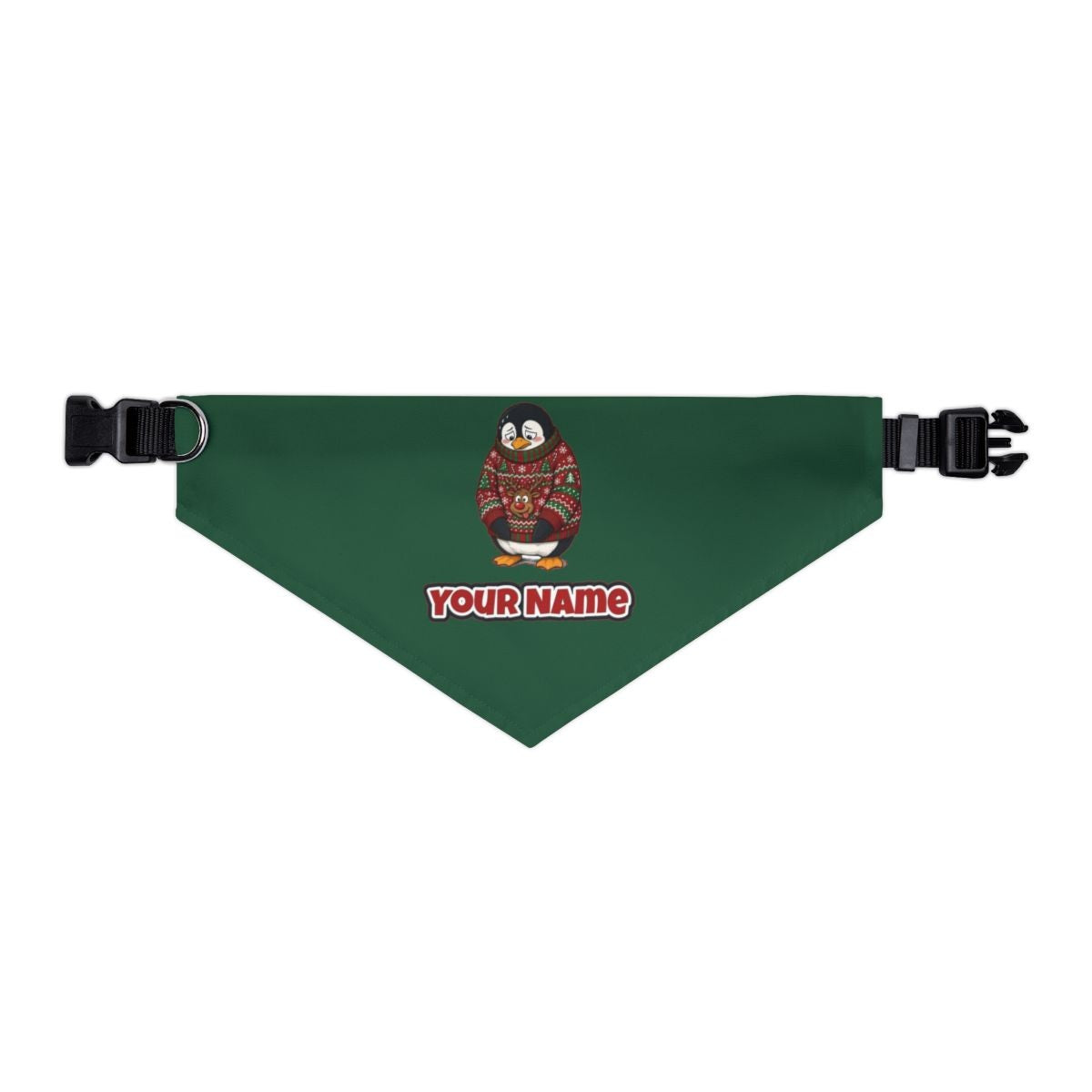 Penguin in a Bad Jumper personalised Christmas pet bandana in green, collar with buckle