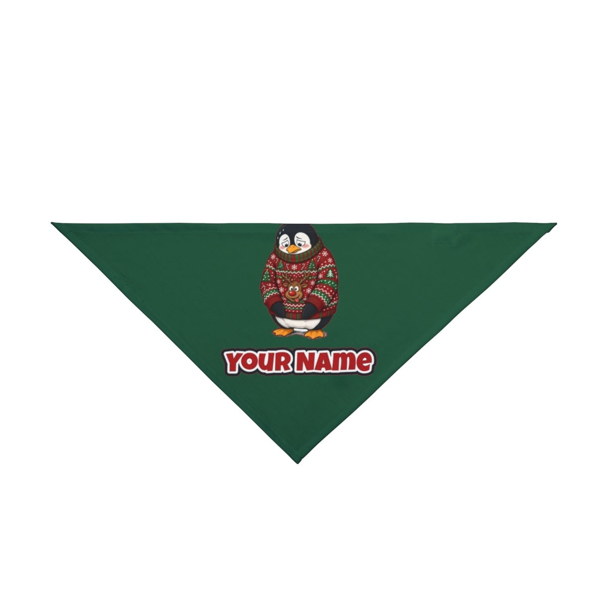 Penguin in a Bad Jumper personalised Christmas pet bandana in green, tie-on style