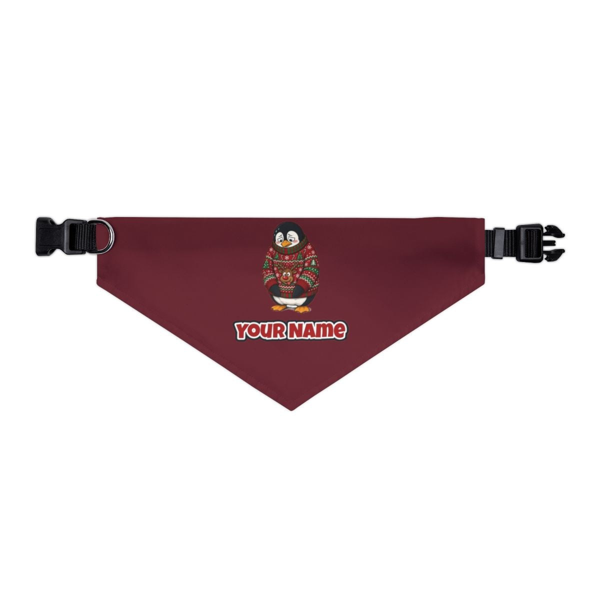 Penguin in a Bad Jumper personalised Christmas pet bandana in maroon, collar with buckle