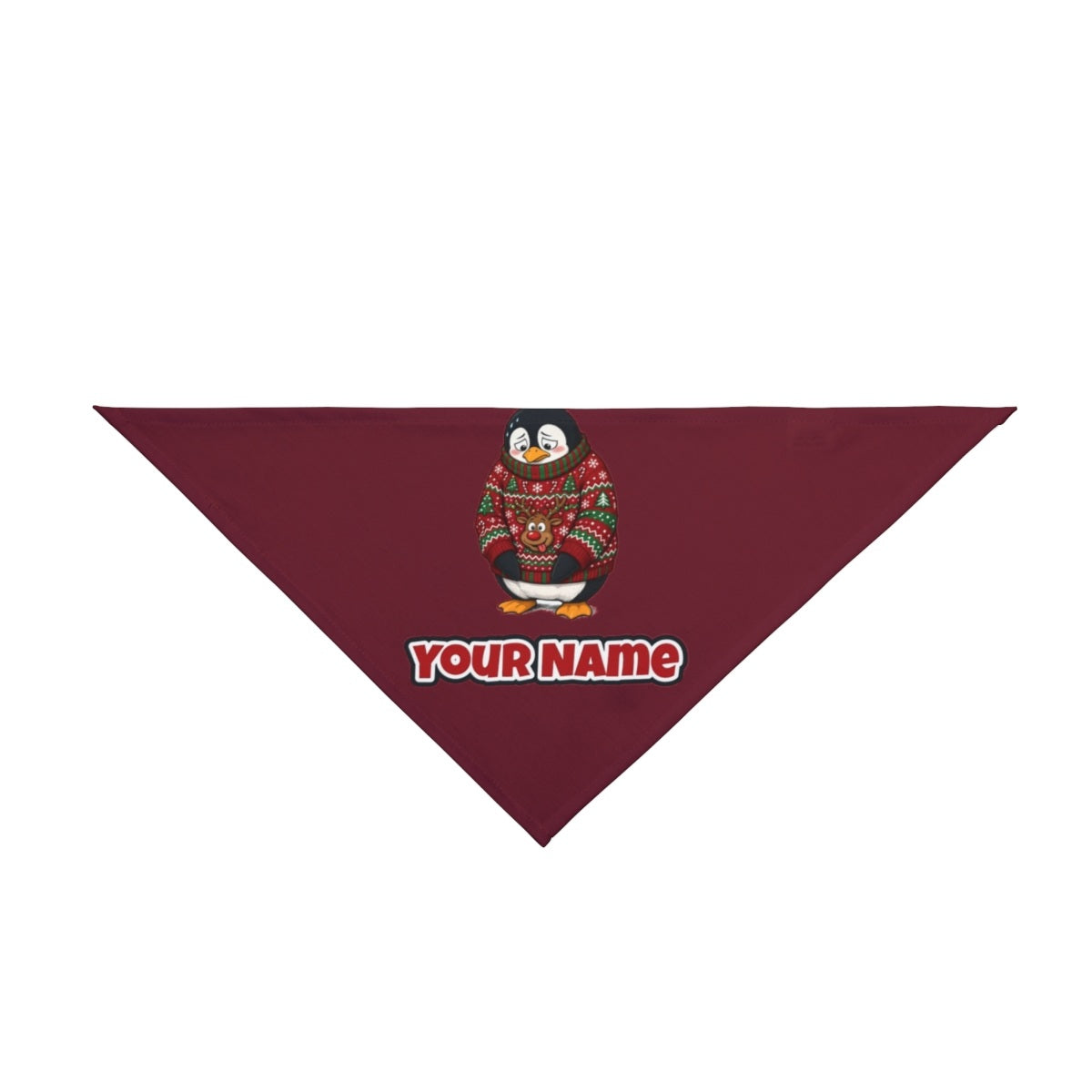 Penguin in a Bad Jumper personalised Christmas pet bandana in maroon, tie-on style