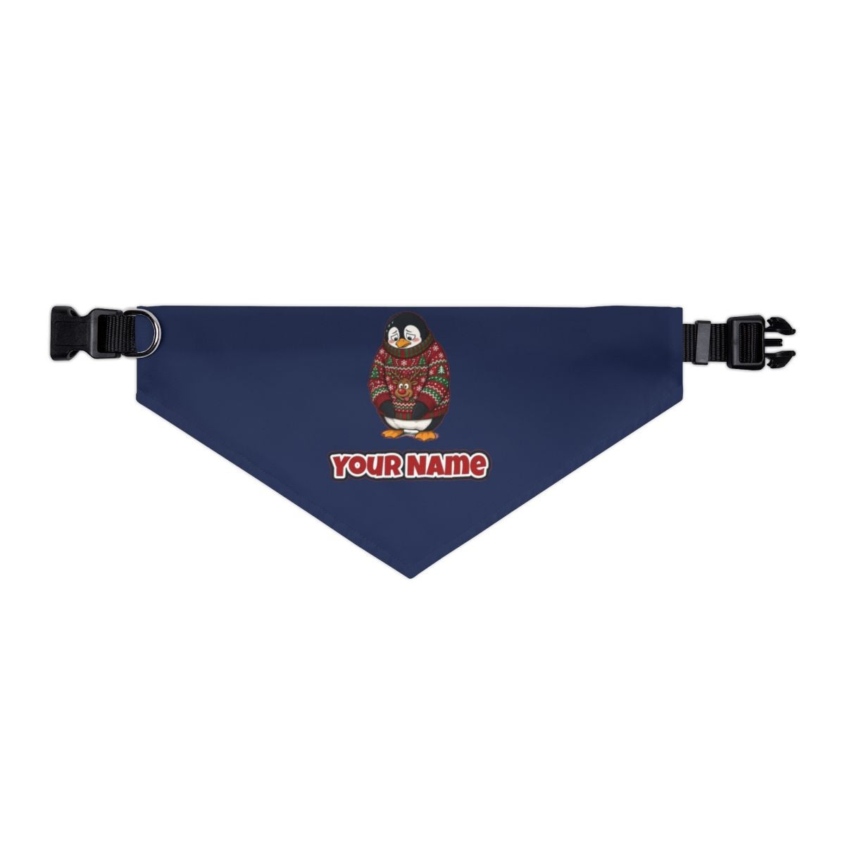 Penguin in a Bad Jumper personalised Christmas pet bandana in navy, collar with buckle