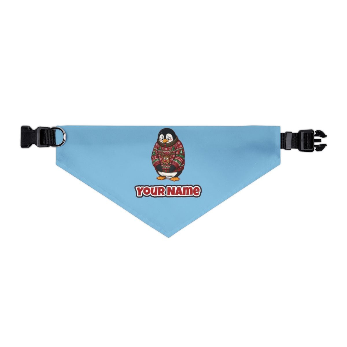 Penguin in a Bad Jumper personalised Christmas pet bandana in sky blue, collar with buckle
