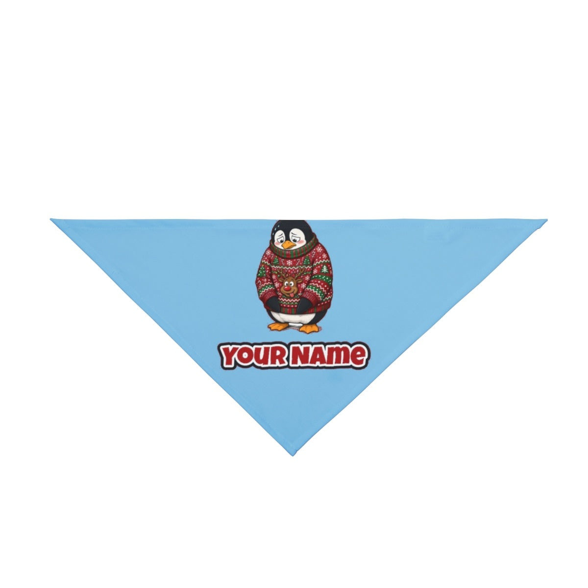 Penguin in a Bad Jumper personalised Christmas pet bandana in sky blue, tie-on style