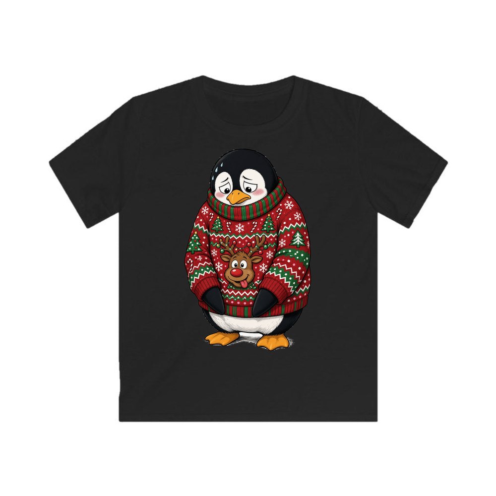 Penguin in a Bad Jumper personalised kids Christmas tee in black