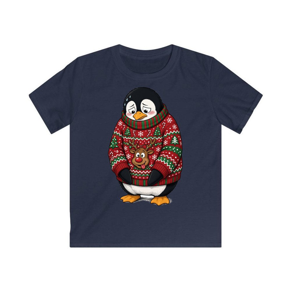Penguin in a Bad Jumper personalised kids Christmas tee in navy