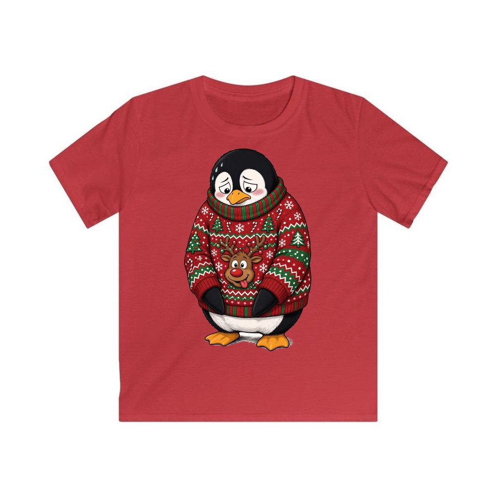 Penguin in a Bad Jumper personalised kids Christmas tee in red