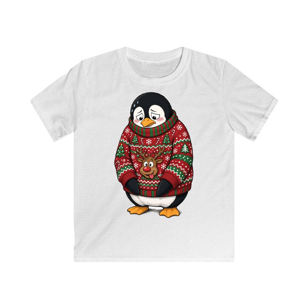 Penguin in a Bad Jumper personalised kids Christmas tee in white