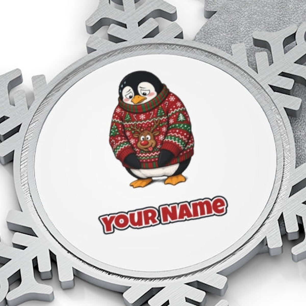 Penguin in a Bad Jumper Personalised Pewter Christmas Ornament