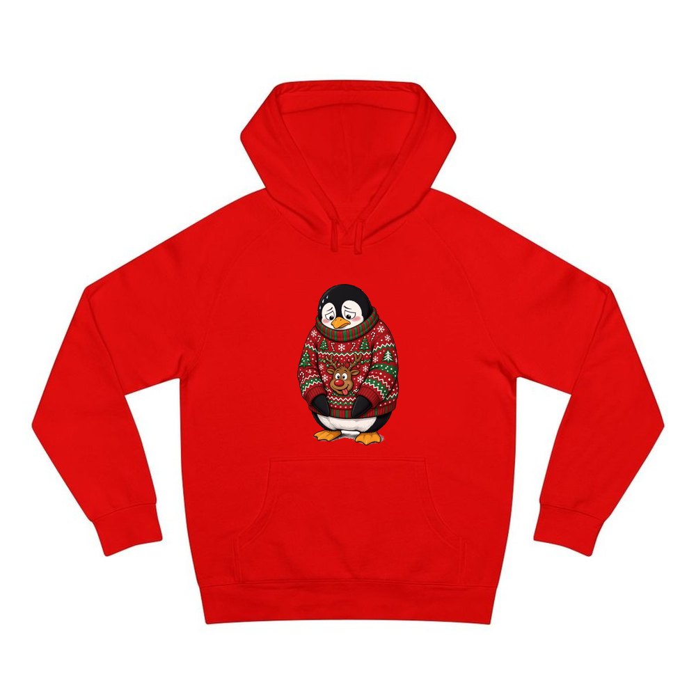 Penguin in a Bad Jumper personalised Christmas hoodie in red