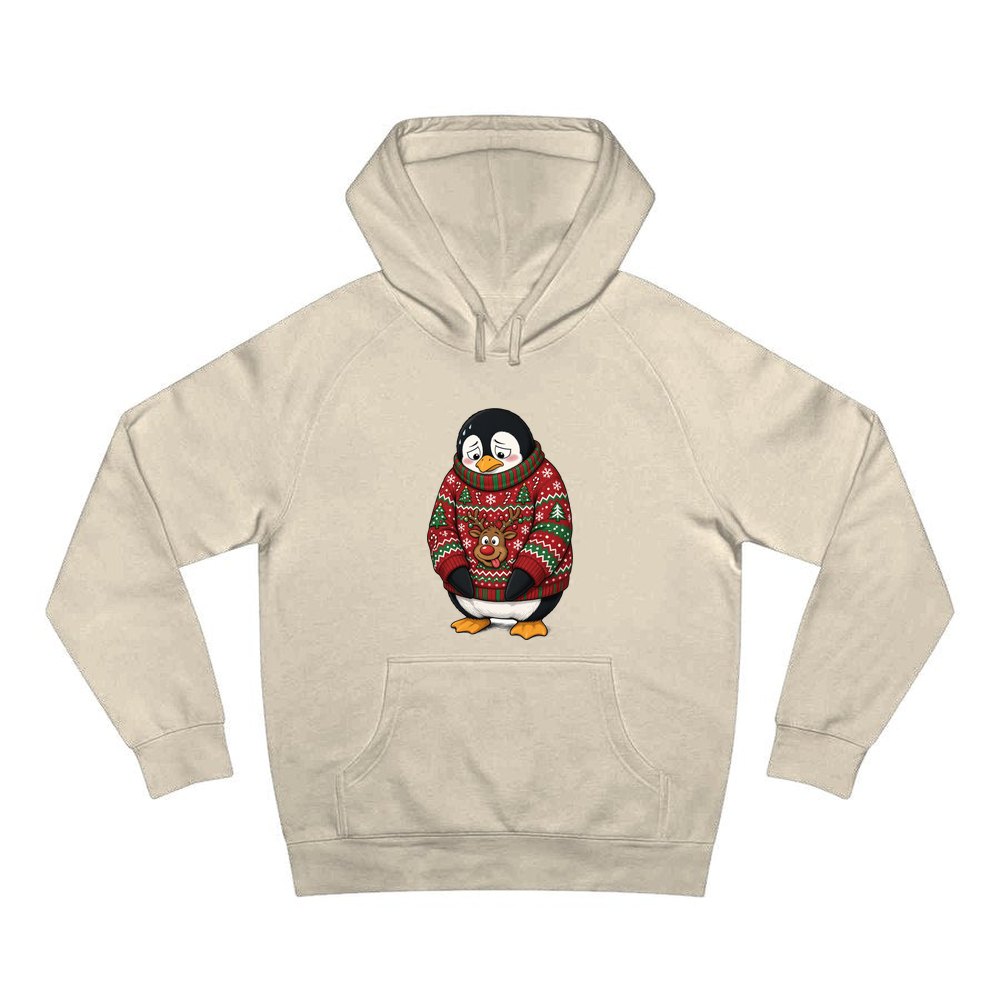 Penguin in a Bad Jumper personalised Christmas hoodie in sand