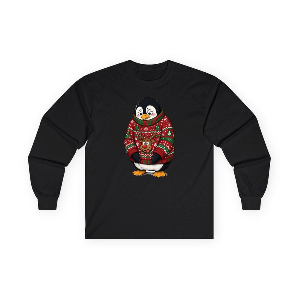 Penguin in a Bad Jumper personalised long sleeve Christmas T-shirt in black