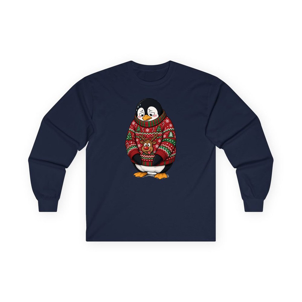 Penguin in a Bad Jumper personalised long sleeve Christmas T-shirt in navy