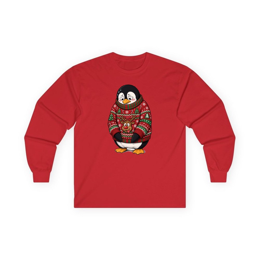 Penguin in a Bad Jumper personalised long sleeve Christmas T-shirt in red