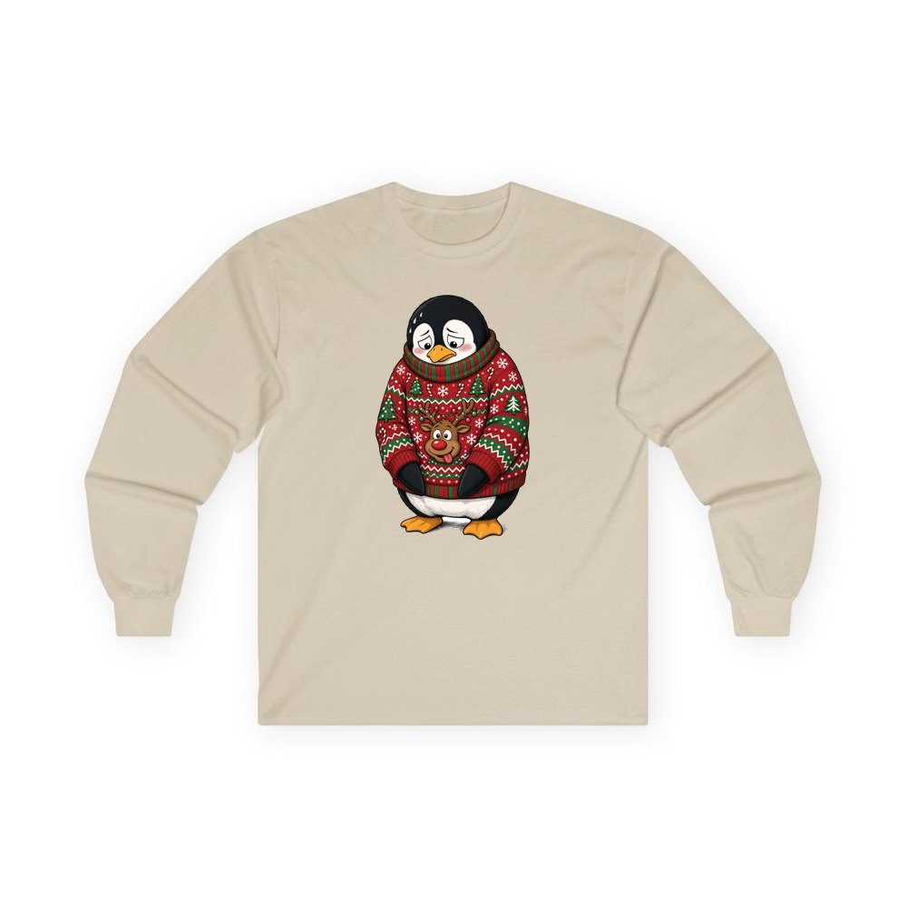 Penguin in a Bad Jumper personalised long sleeve Christmas T-shirt in sand