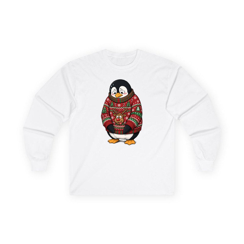 Penguin in a Bad Jumper personalised long sleeve Christmas T-shirt in white