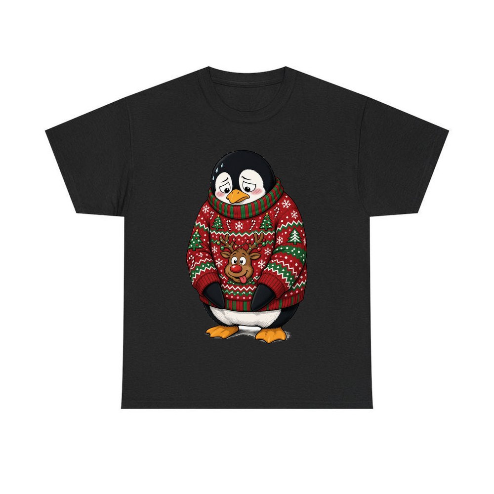 Penguin in a Bad Jumper personalised Christmas T-shirt in black