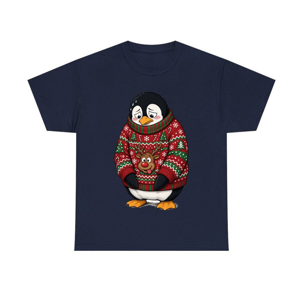 Penguin in a Bad Jumper personalised Christmas T-shirt in navy