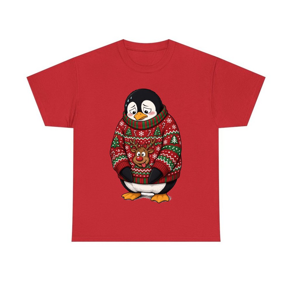 Penguin in a Bad Jumper personalised Christmas T-shirt in red
