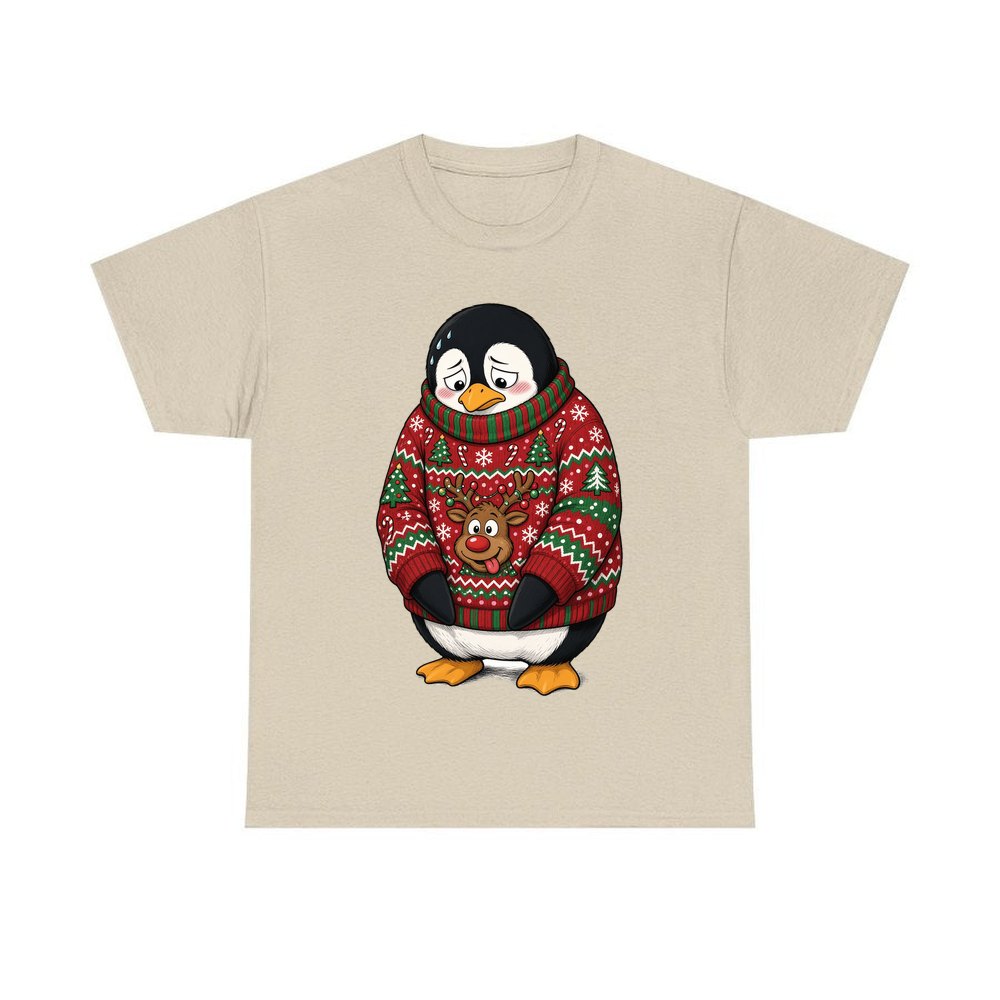 Penguin in a Bad Jumper personalised Christmas T-shirt in sand