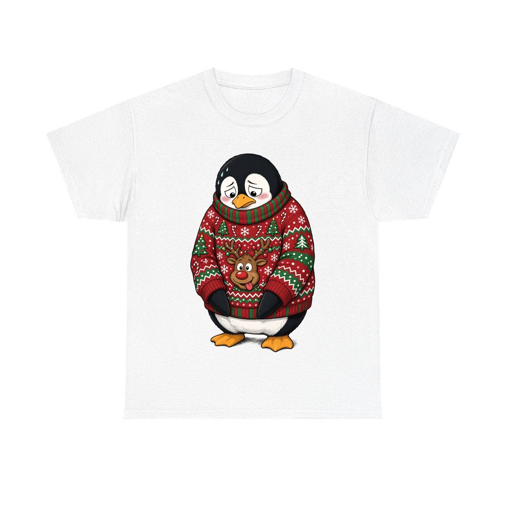 Penguin in a Bad Jumper personalised Christmas T-shirt in white