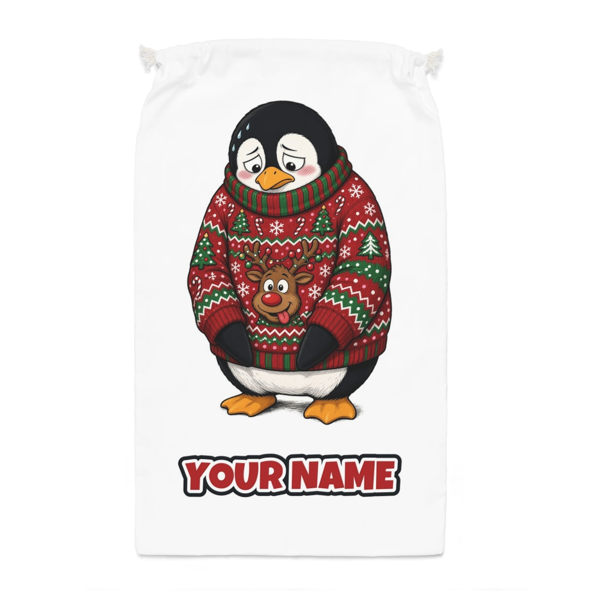 Penguin in a Bad Jumper Santa sack laid flat, showing the full print