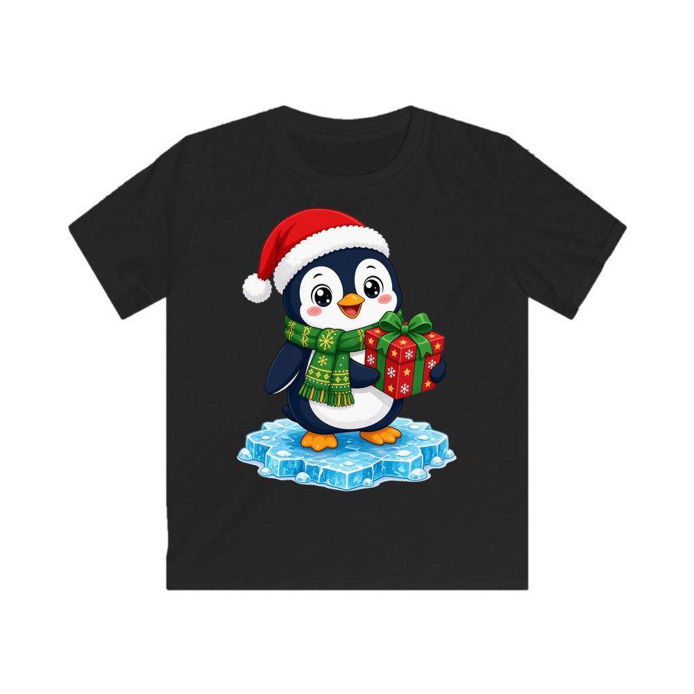 Penguin With a Present personalised kids Christmas tee in black