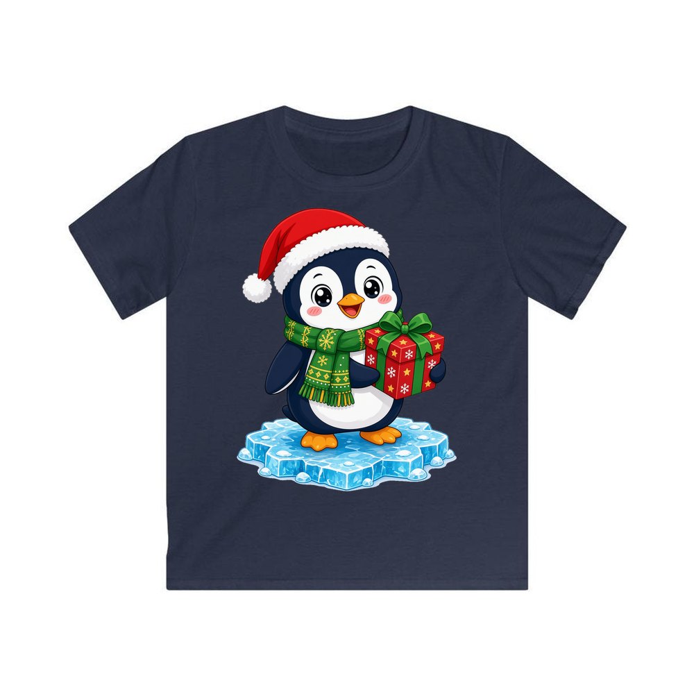 Penguin With a Present personalised kids Christmas tee in navy