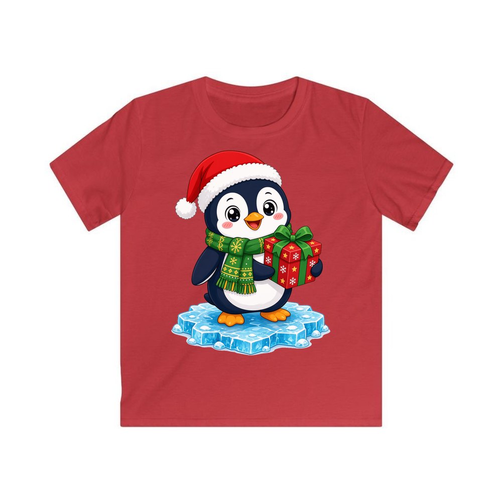 Penguin With a Present personalised kids Christmas tee in red