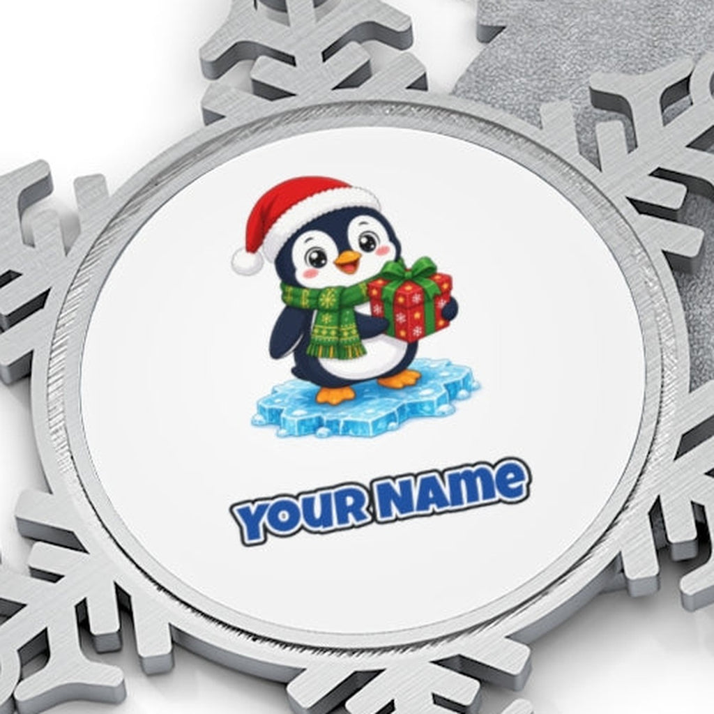 Penguin With a Present Personalised Pewter Christmas Ornament